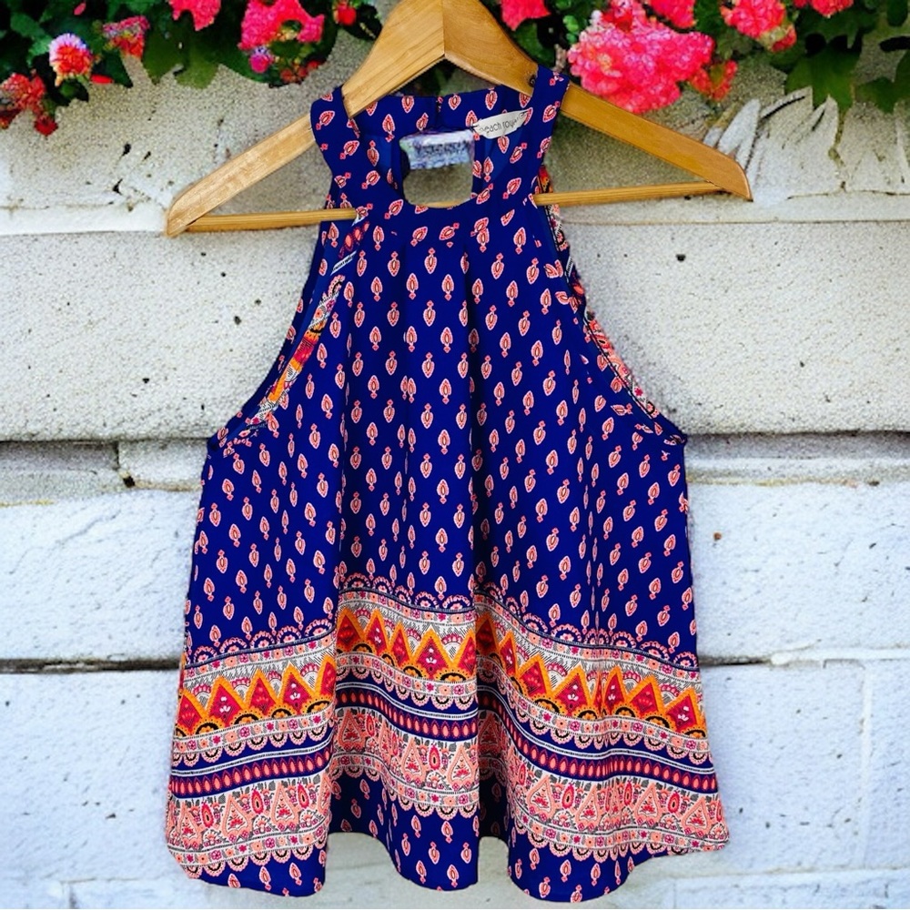 Peach Royal Paisley Bandanna Printed Chocker High Neck Sleeveless Flowy Tank Top